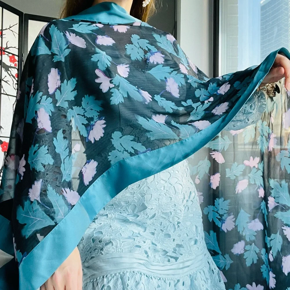 Doncaster DD Genuine Silk Leaves Satin Trim Long Scarf
